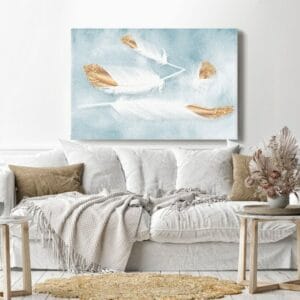 Canvas Wall Art, Abstract Framed Portrait of White and gold feathers