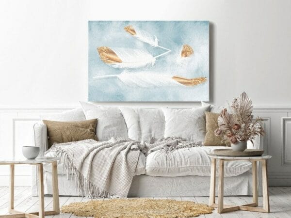 Canvas Wall Art, Abstract Framed Portrait of White and gold feathers