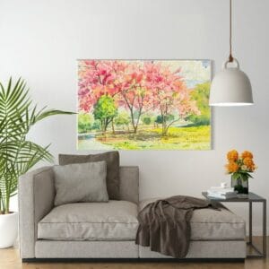 Canvas Wall Art, Abstract Framed Portrait of wild himalayan cherry tree flowers in sky and cloud background