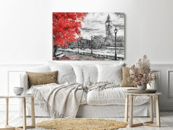 Canvas Wall Art, Abstract Framed Portrait of Big ben and red tree. England. Bridge and river
