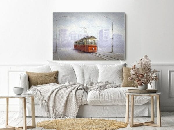 Canvas Wall Art, Abstract Framed Portrait of old tram in old city