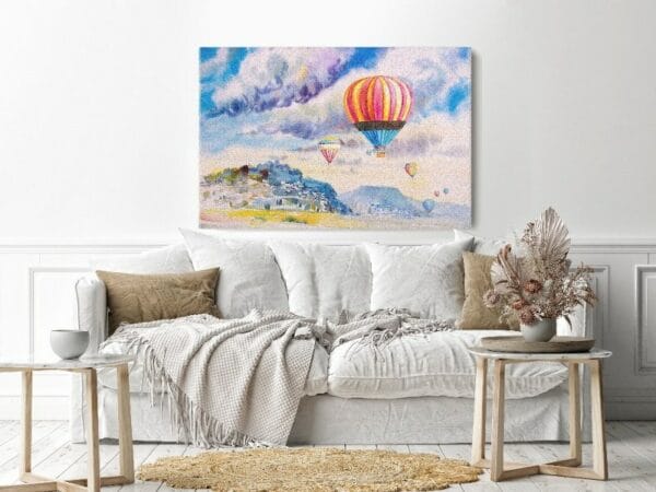 Canvas Wall Art, Abstract Framed Portrait of hot air balloon on mountain village and blue sky cloud