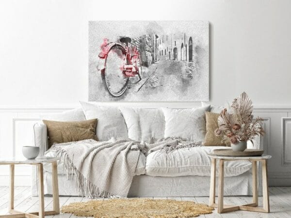 Canvas Wall Art, Abstract Framed Portrait of retro vintage red bike on cobblestone street