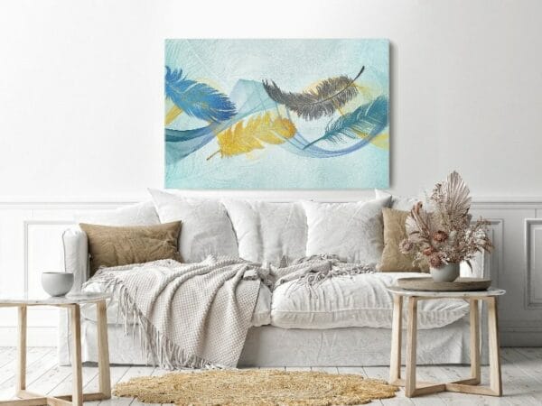 Canvas Wall Art, Abstract Framed Portrait of feather and blue line art background pattern