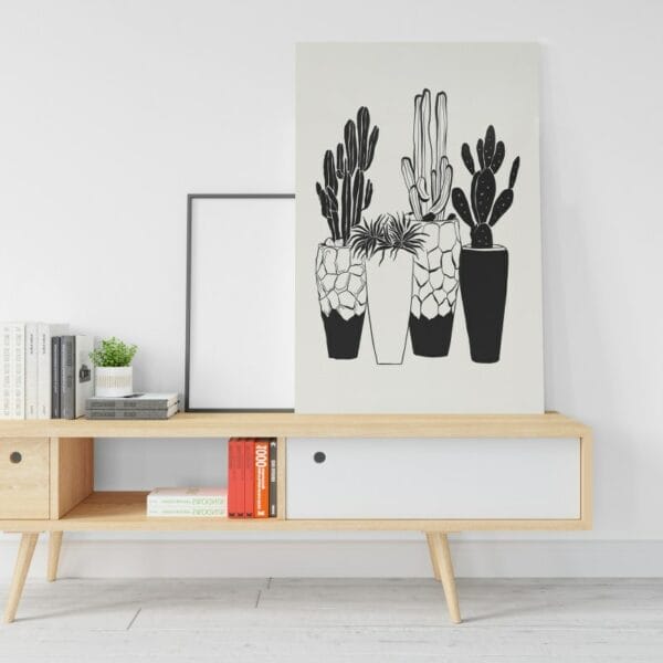 Four Cactus canvas Black And White Potted Plant Printed wall art