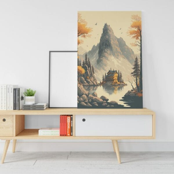 Painting cabin canvas by lake with mountain background Printed wall art