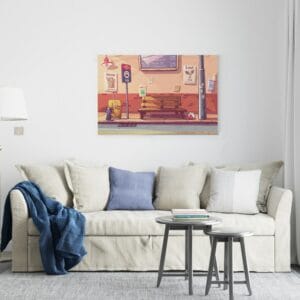 Beautiful background canvas illustration bus stop with sad cat Printed  wall art