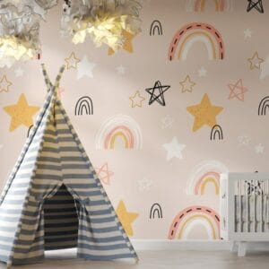 Bohemia Pink Rainbows and Stars Fabric Wallpaper Covers an area ​​up to 4.2mX3m with adhesive  and smoothing tool