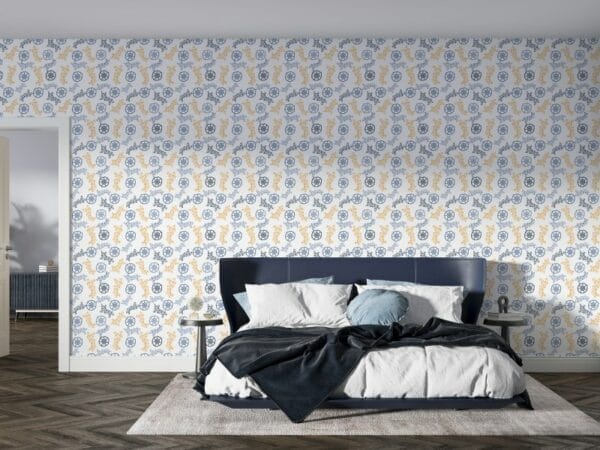 Beautiful Floral Navy White and blue Fabric Wallpaper Covers an area ​​up to 4.2mX3m with adhesive  and smoothing tool