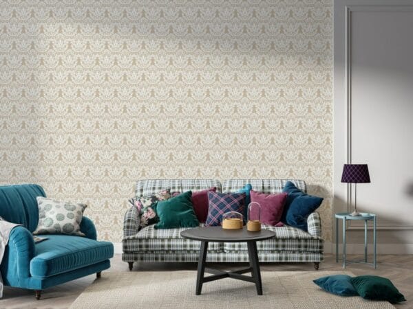 Toscana Beige Peacock Ogee Fabric Wallpaper Covers an area ​​up to 4.2mX3m with adhesive  and smoothing tool