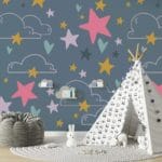 Stars and clouds in boho style on a dark gray background  Fabric Wallpaper Covers an area ​​up to 4.2mX3m with adhesive  and smoothing tool