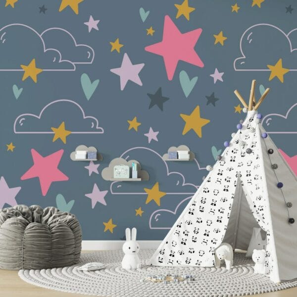 Stars and clouds in boho style on a dark gray background  Fabric Wallpaper Covers an area ​​up to 4.2mX3m with adhesive  and smoothing tool