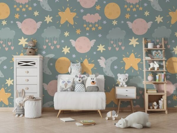 Celestial bodies seamless pattern Fabric Wallpaper Covers an area ​​up to 4.2mX3m with adhesive  and smoothing tool