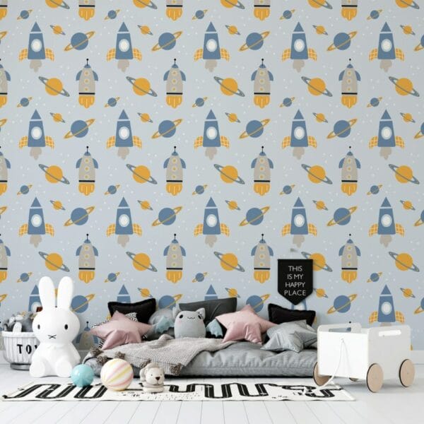 Cartoon planets in doodle style Fabric Wallpaper Covers an area ​​up to 4.2mX3m with adhesive  and smoothing tool