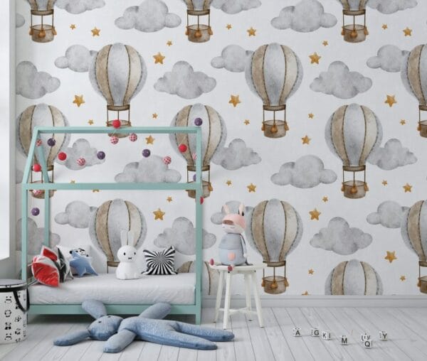 Hot Air Balloon with basket clouds and stars Fabric Wallpaper Covers an area ​​up to 4.2mX3m with adhesive  and smoothing tool