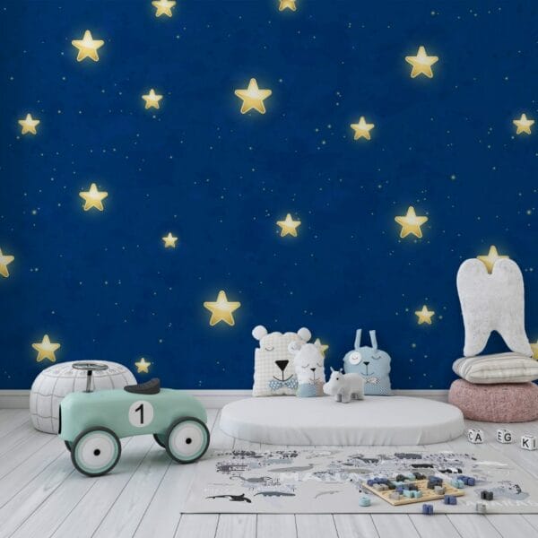 Seamless background with shining golden stars on dark blue sky illustration Fabric Wallpaper Covers an area ​​up to 4.2mX3m with adhesive  and smoothing tool