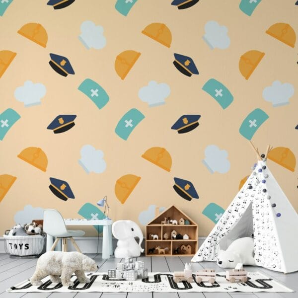 Beautiful Set of Hat Icons of Various Professions Careers Fabric Wallpaper Covers an area ​​up to 4.2mX3m with adhesive  and smoothing tool