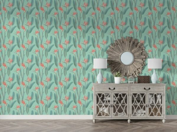 A seamless pattern with a bird of paradise flowers. Fabric Wallpaper Covers an area ​​up to 4.2mX3m with adhesive  and smoothing tool