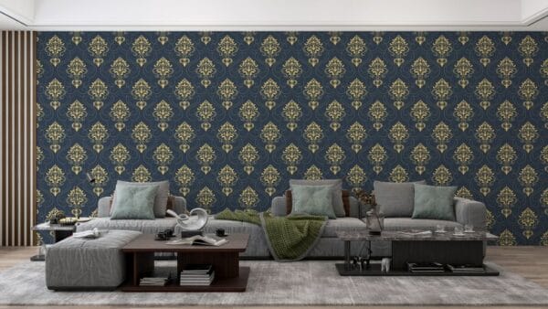 Amazing Seamless golden ornament on dark blue background Fabric Wallpaper Covers an area ​​up to 4.2mX3m with adhesive  and smoothing tool