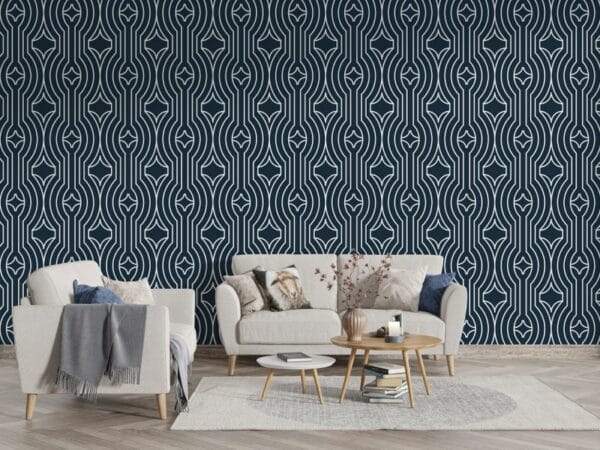 Navy Blue and white Geometric Fabric Wallpaper Covers an area ​​up to 4.2mX3m with adhesive  and smoothing tool