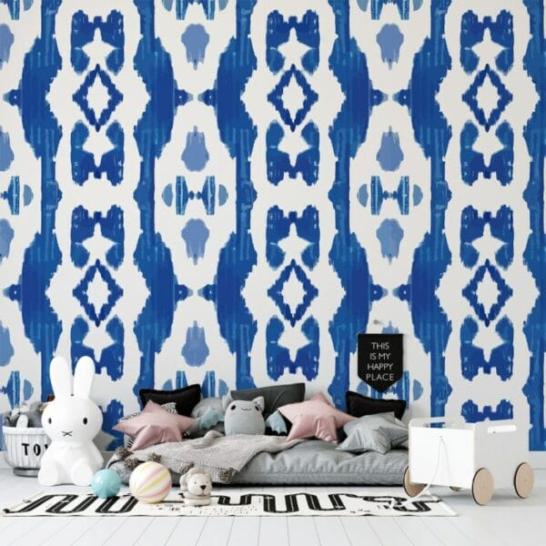 Beautiful Navy Blue Coral Ikat Fabric Wallpaper Covers an area ​​up to 4.2mX3m with adhesive  and smoothing tool