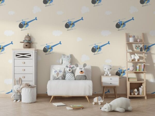 The beautiful background of the helicopter floating in the sky  Fabric Wallpaper Covers an area ​​up to 4.2mX3m with adhesive  and smoothing tool