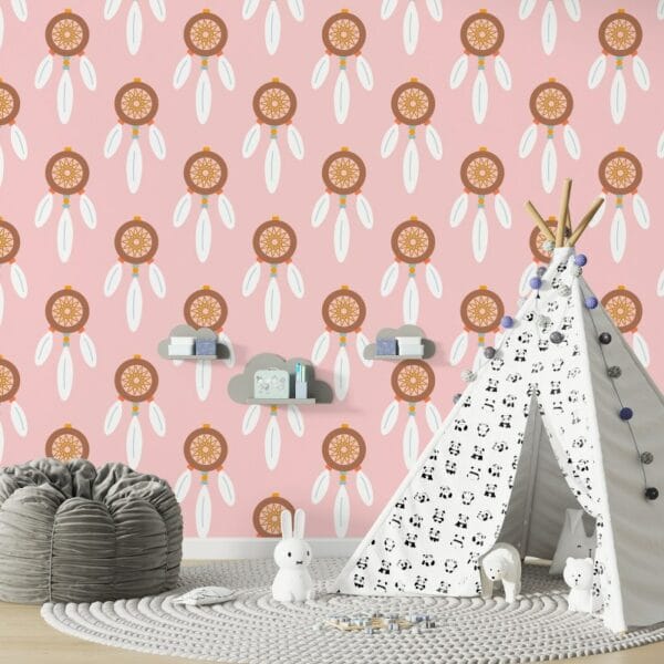 Beautiful Dreamcatcher on pink background Fabric Wallpaper Covers an area ​​up to 4.2mX3m with adhesive  and smoothing tool