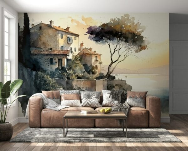 Stunning landscape painting with seaside city silhouette Fabric Wallpaper Covers an area ​​up to 4.2mX3m with adhesive  and smoothing tool