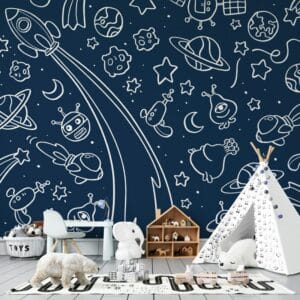 ورق حائط قماشي من Navy Space Mural يغطي مساحة تصل إلى 4.2 م × 3 م باستخدام أداة لاصقة وأداة تنعيمtool
