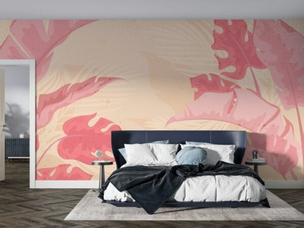 Leaves on Pink Vintage Fabric Wallpaper Covers an area ​​up to 4.2mX3m with adhesive  and smoothing tool