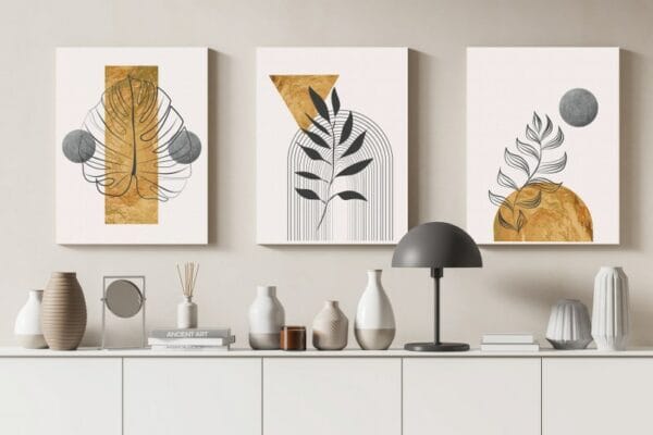 Set of 3 of Gold Botanical With Earth boho line art drawing with abstract shape