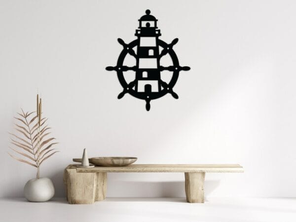 Nautical Lighthouse and Ship Wheel Wood Wall Art 80x50