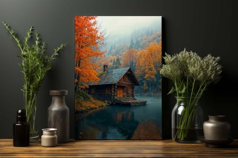 Cabin in the woods during autumn Printed on canvas wall art