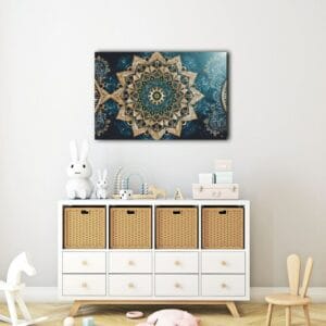 Intricate blue and gold mandala on a dark blue background Printed On Canvas Wall Art
